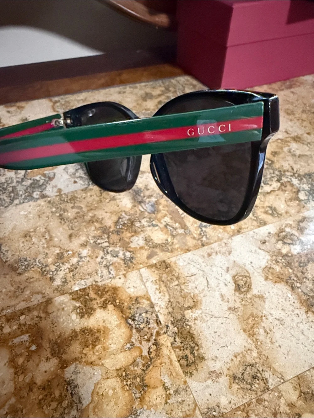 Gucci Black Cat-Eye Sunglasses with Green and Red Temple Stripes